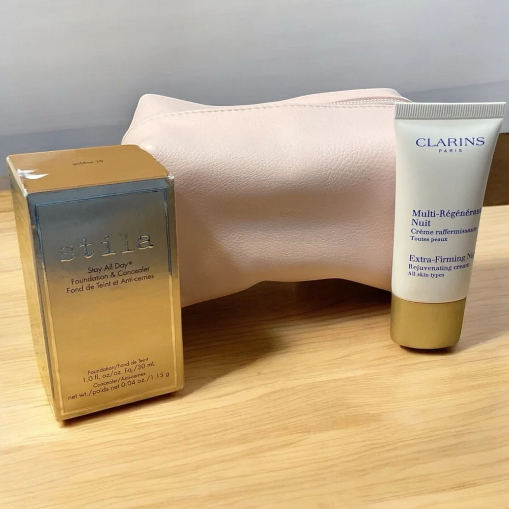 Stila Foundation & Clarins Night Cream Set With Cosmetics Case NWT